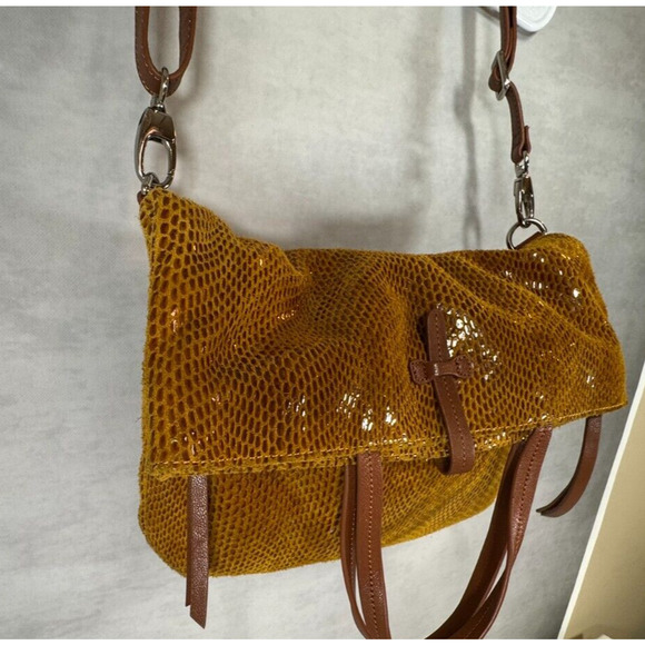 Sorial Snakeskin 14"x10" Mustard Yellow Leather Shoulder Tote‎ Bag - Picture 5 of 13